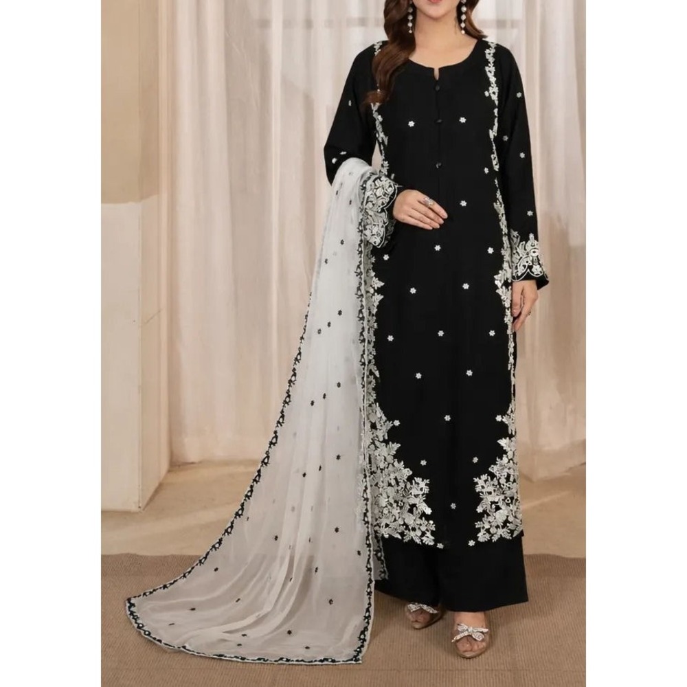 Sarah Maryam Kyra 3pc Black Long Kurta Lawn Suit - Shirt, Pants, Dupatta - Small